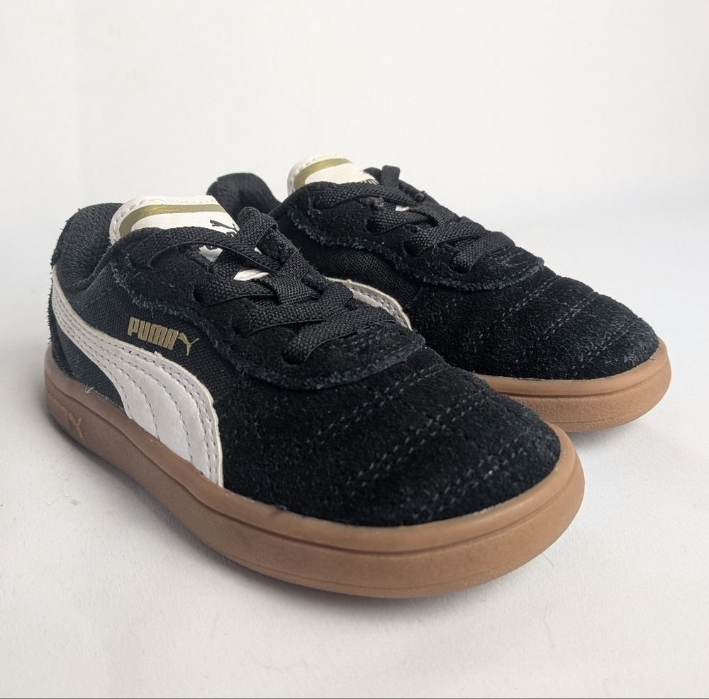 PUMA Unisex Baby Kid Shoes Flat Black Suede Size 7 Tan Soles